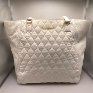 Vera Bradley Leather Tote Ella Bag White Quilted Pebbled Shoulder Zip Top Feet